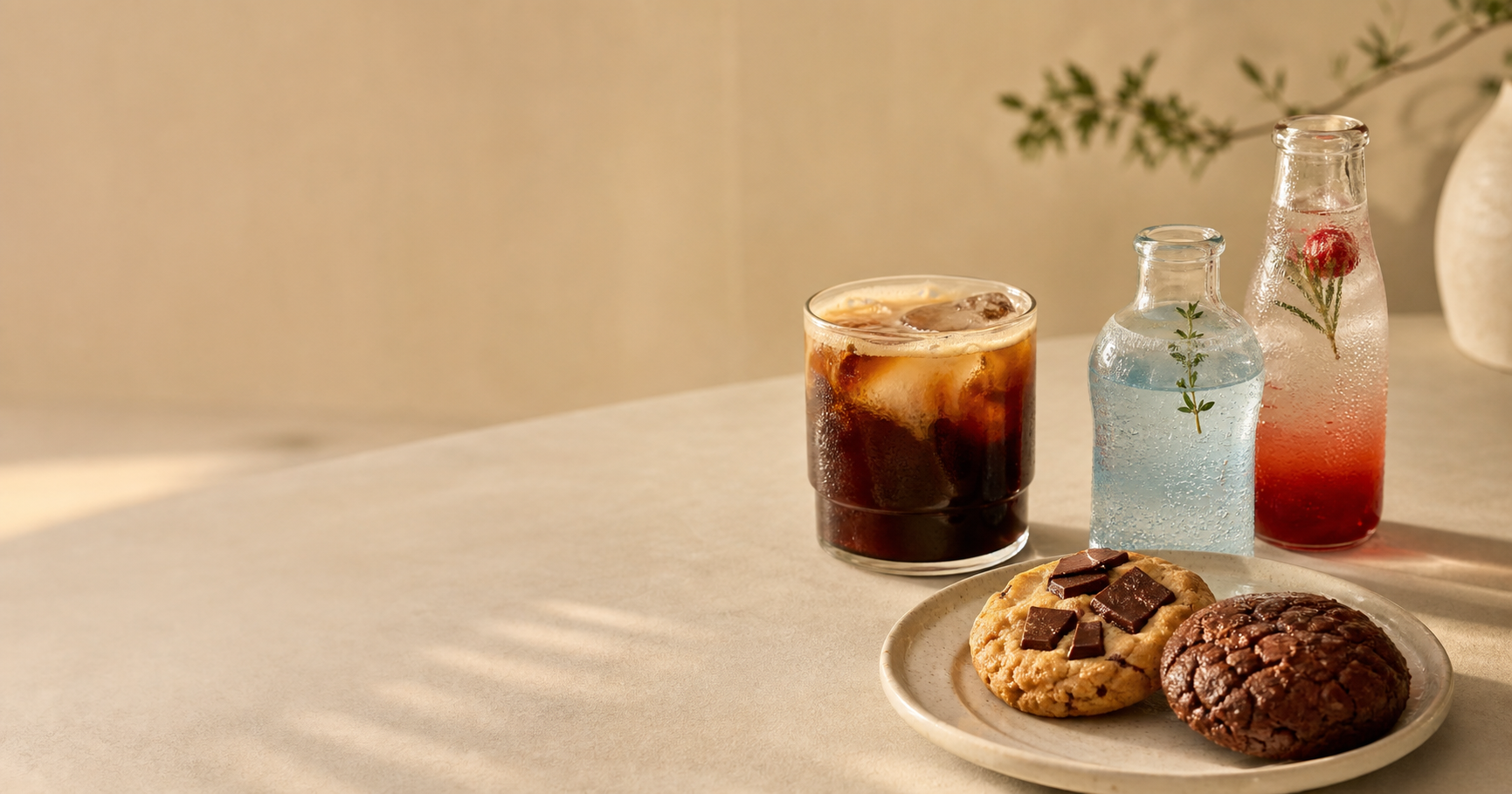 Iced coffee, craft sodas, and cookies on a warm cafe counter